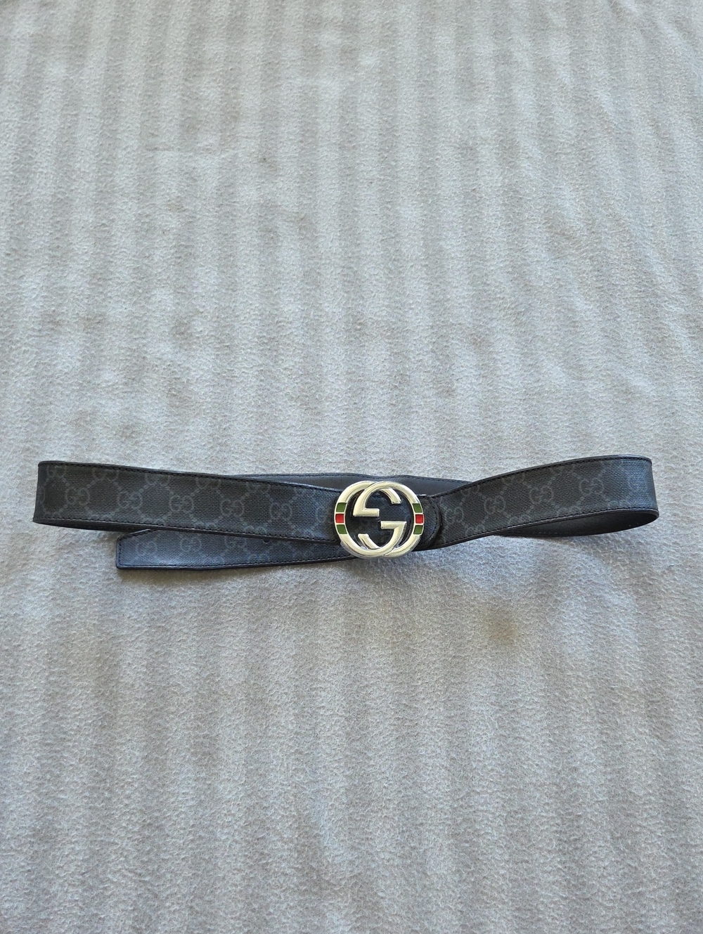 Gucci Black GG Monogram Belt with Silver Double G Buckle and Green/Red Enamel